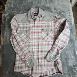 Mens Wrangler Long Sleeve Pearl Snap Bushpopper Size Medium Gray/Red Plaid